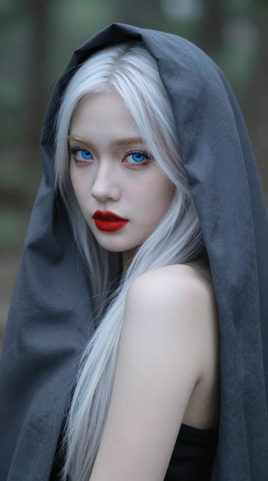 Uma jovem encapuzada de cabelo loiro-platinado diante de uma floresta