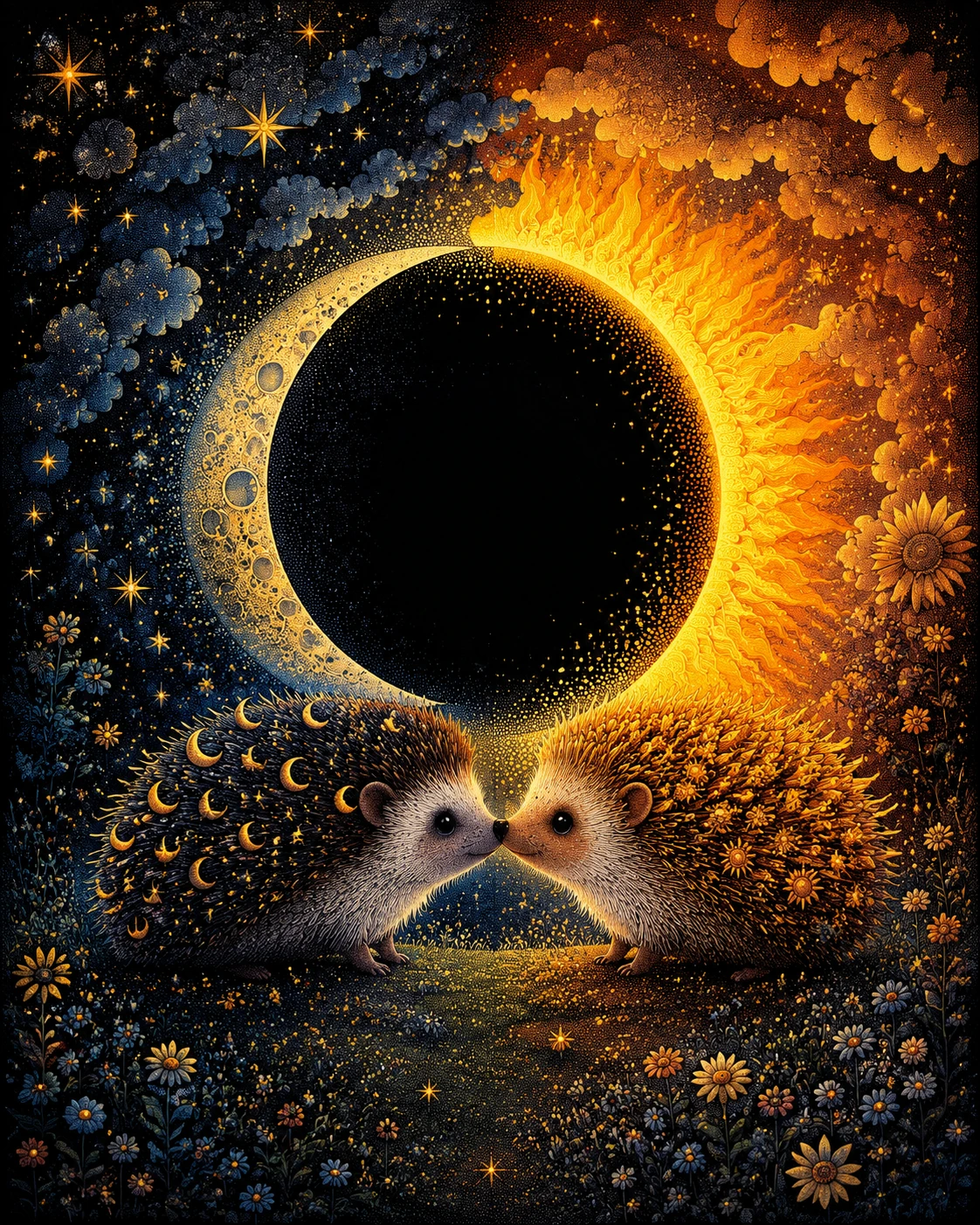 Dois ouriços minúsculos formam um eclipse celestial sob um céu dividido