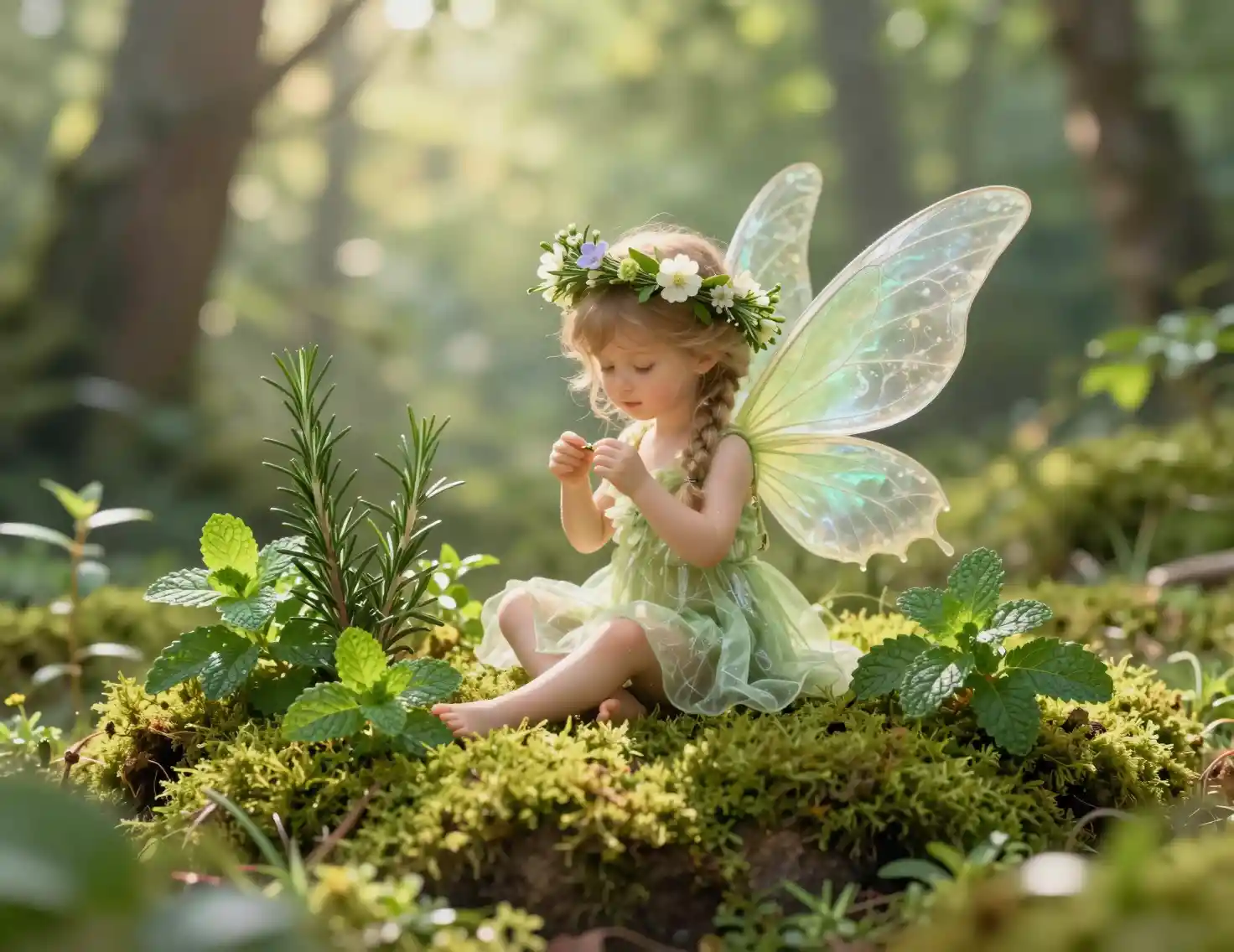 A Green Fairy Weaves a Flower Crown Amid Lush Forest Moss