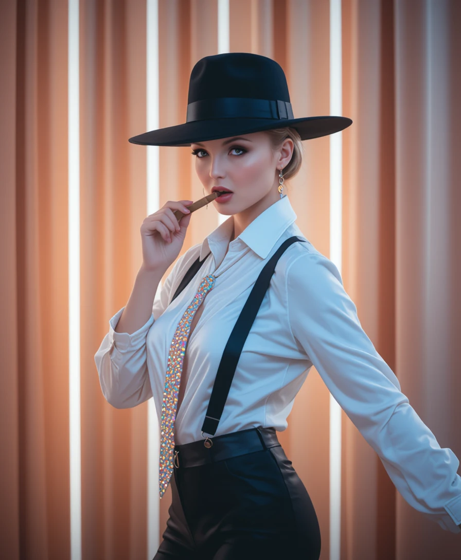 Retrato de moda de uma mulher com um charuto diante de cortinas cor de pêssego