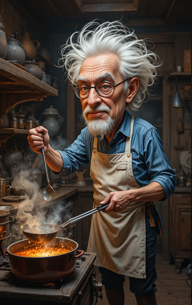 Um chef idoso cozinha diante de um fogão incandescente em uma cozinha rústica