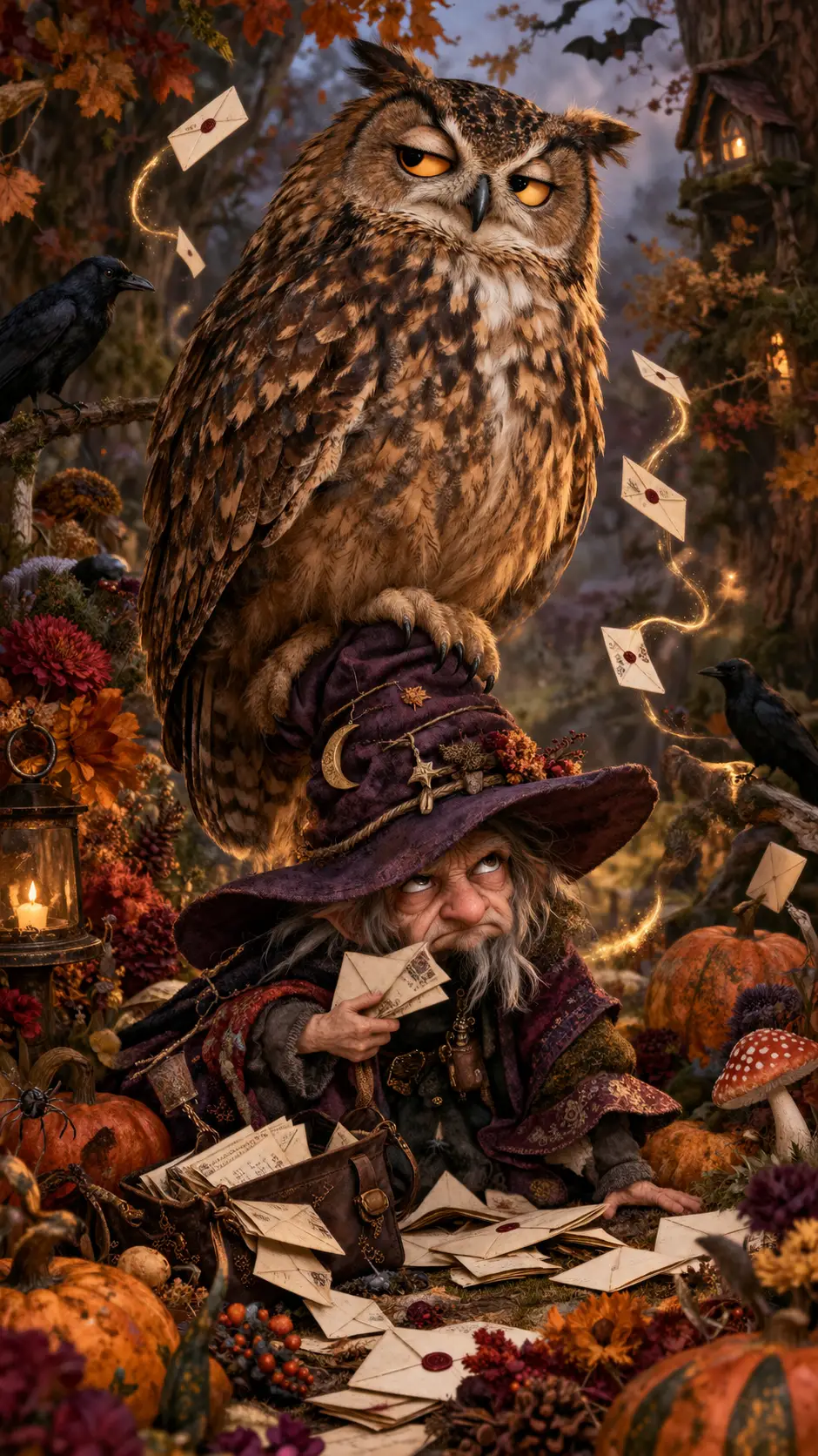 A stubborn owl perches on a wizard’s hat amid scattered magical mail