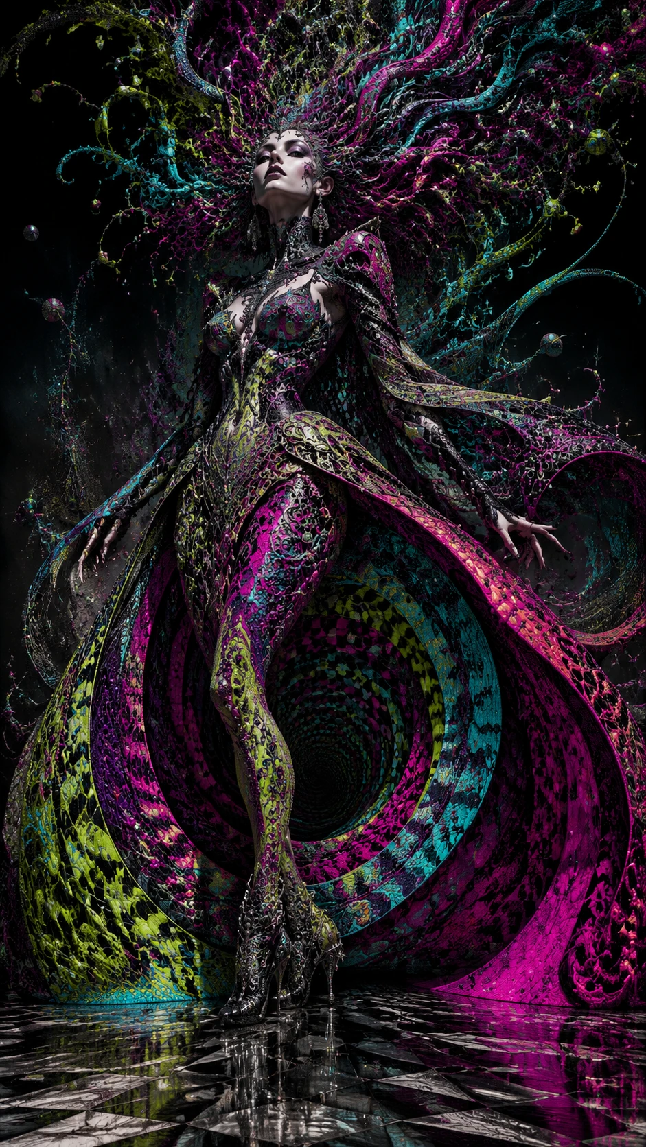 Uma sereia surreal emerge das sombras com um vestido escultural