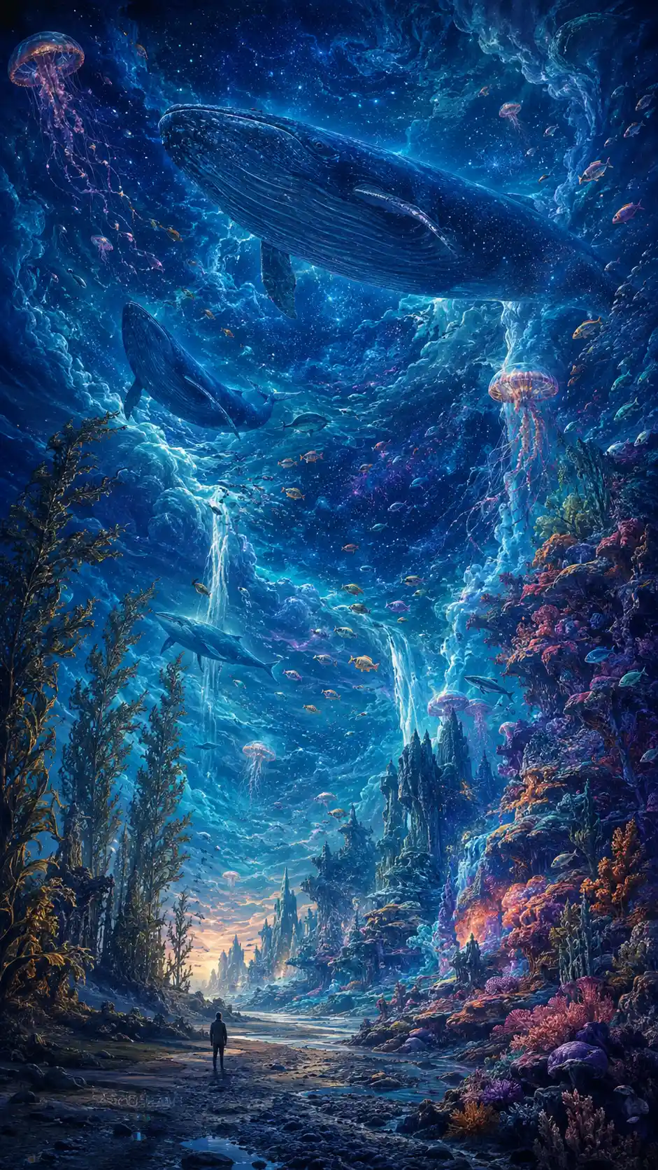 Uma paisagem surreal sob um céu oceânico invertido repleto de baleias
