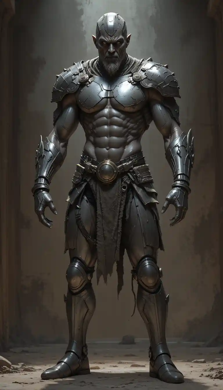 Um poderoso guerreiro de fantasia com armadura diante de um fundo escuro texturizado