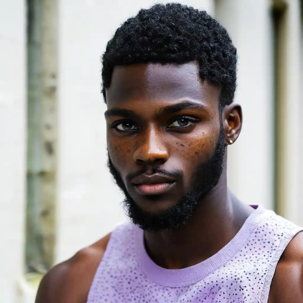 A dark-skinned, bearded man with freckles and light lavender shaved hair