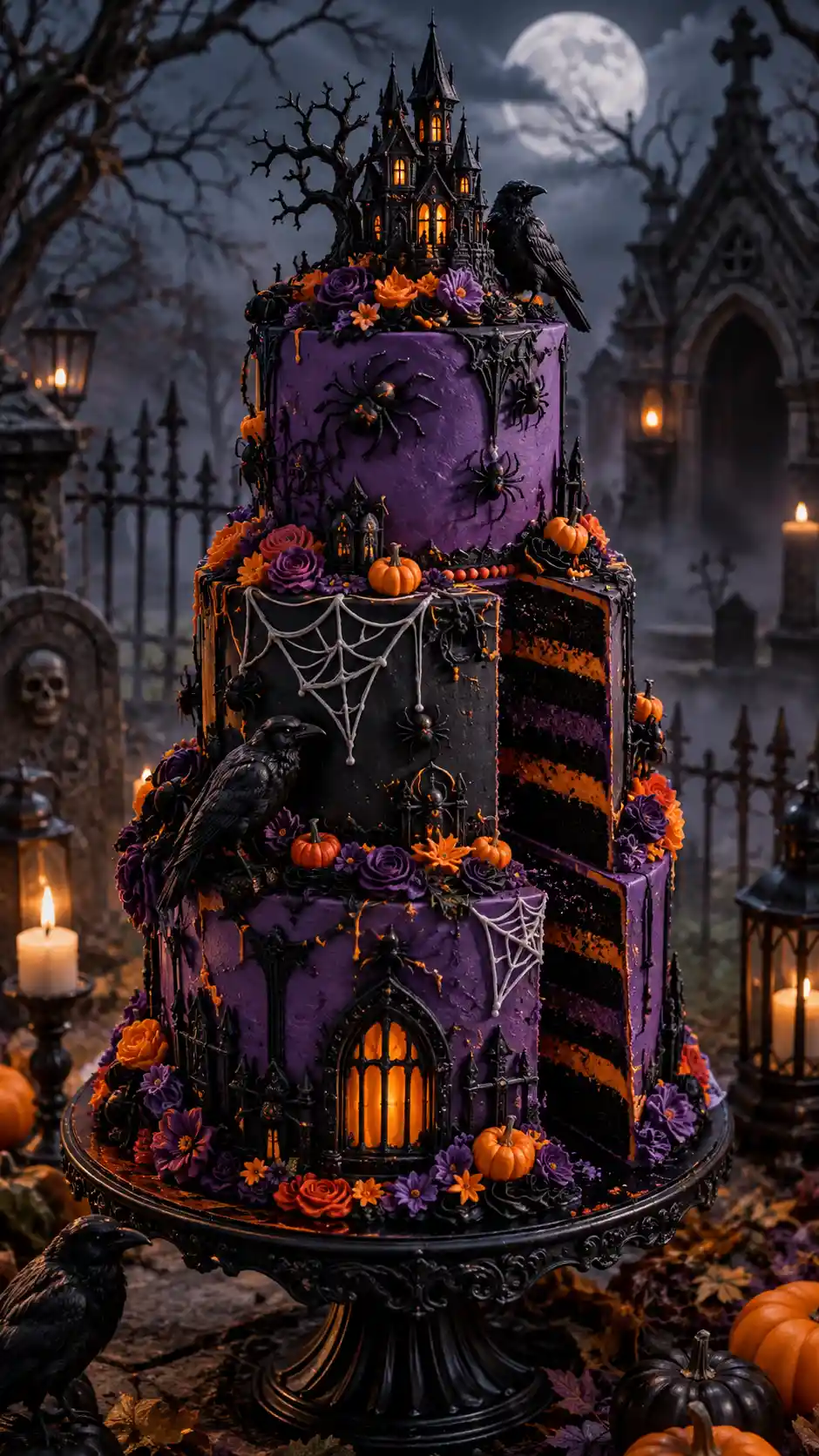 Dreistöckige Halloween-Torte mit Spinnen und Raben auf einem gotischen Friedhof