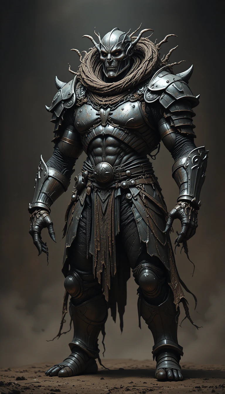 Uma criatura humanoide colossal com armadura medieval desgastada e pele