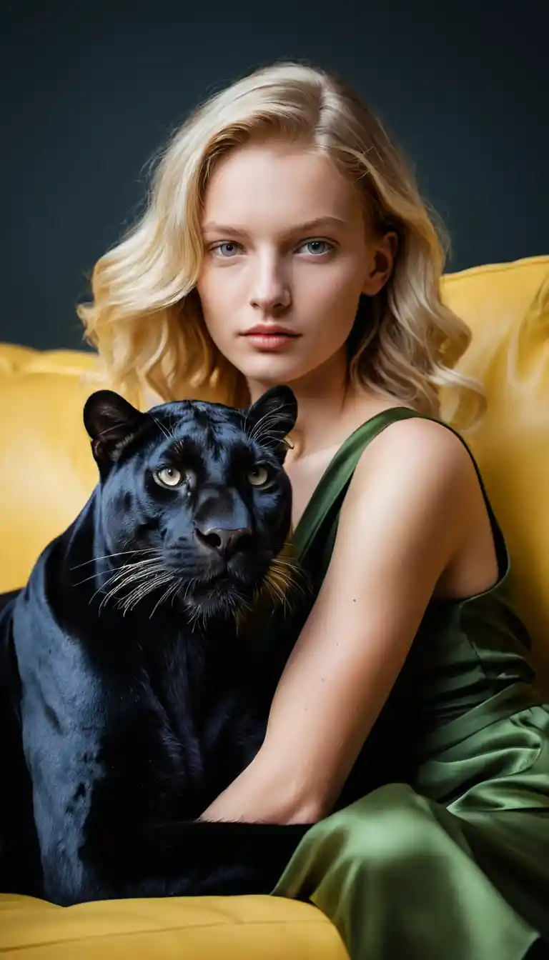 Eine blonde Frau liegt neben einem schwarzen Panther auf einem Sofa