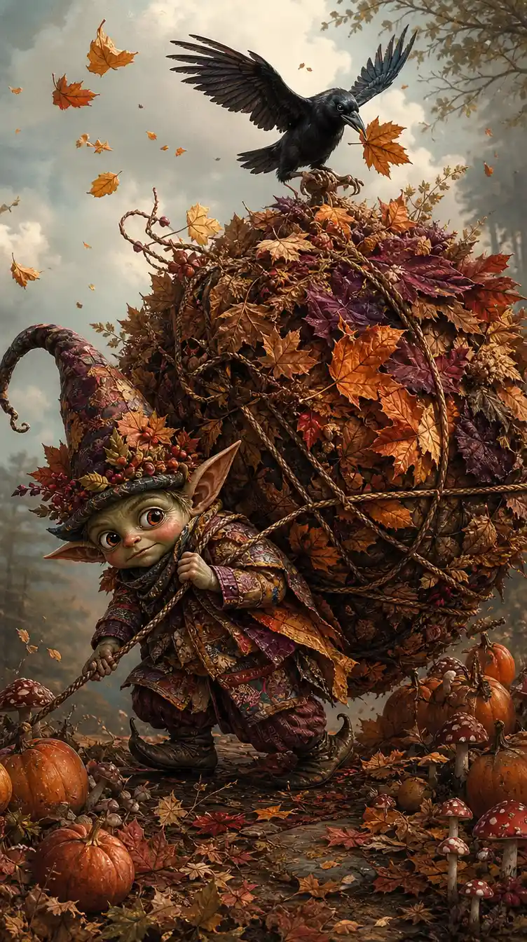 Un piccolo goblin trasporta un enorme fascio di foglie autunnali