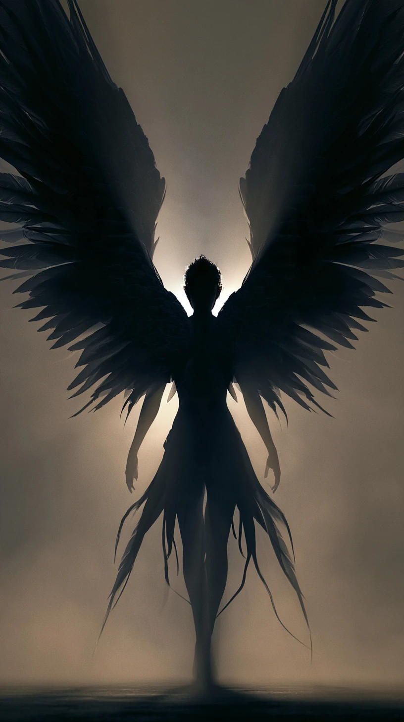 Um anjo sombrio com asas enormes visto de costas