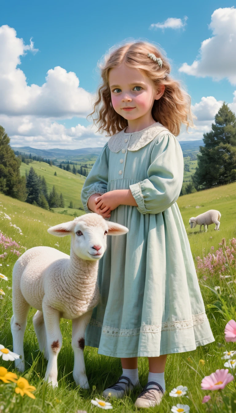 A Young Girl Holds a Lamb in a Wildflower Meadow