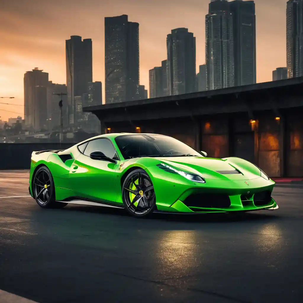 Um carro esportivo Ferrari verde-neon diante de uma paisagem urbana sombria ao pôr do sol