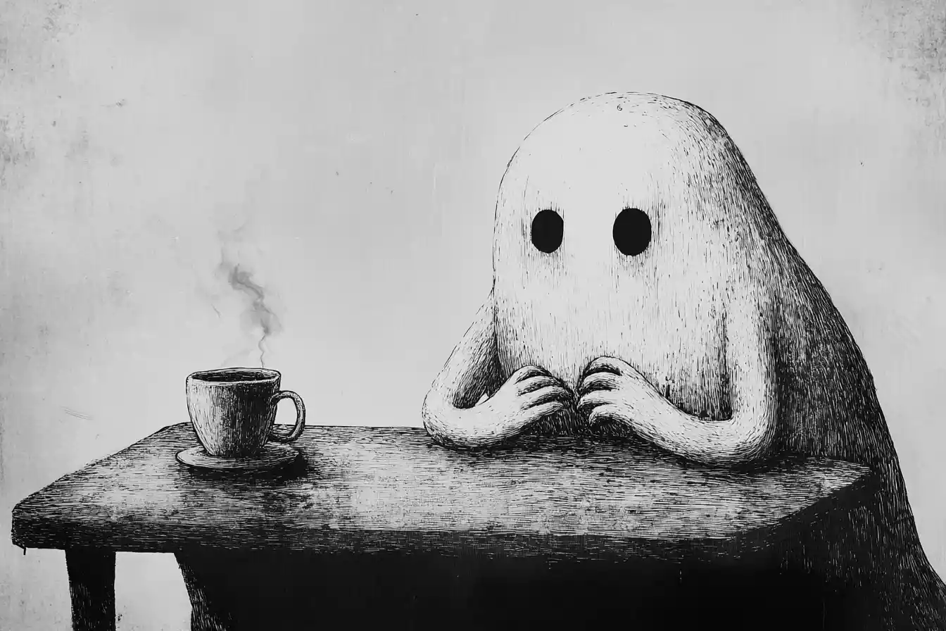 Ein Montag sitzt am Bett neben einer Kaffeetasse