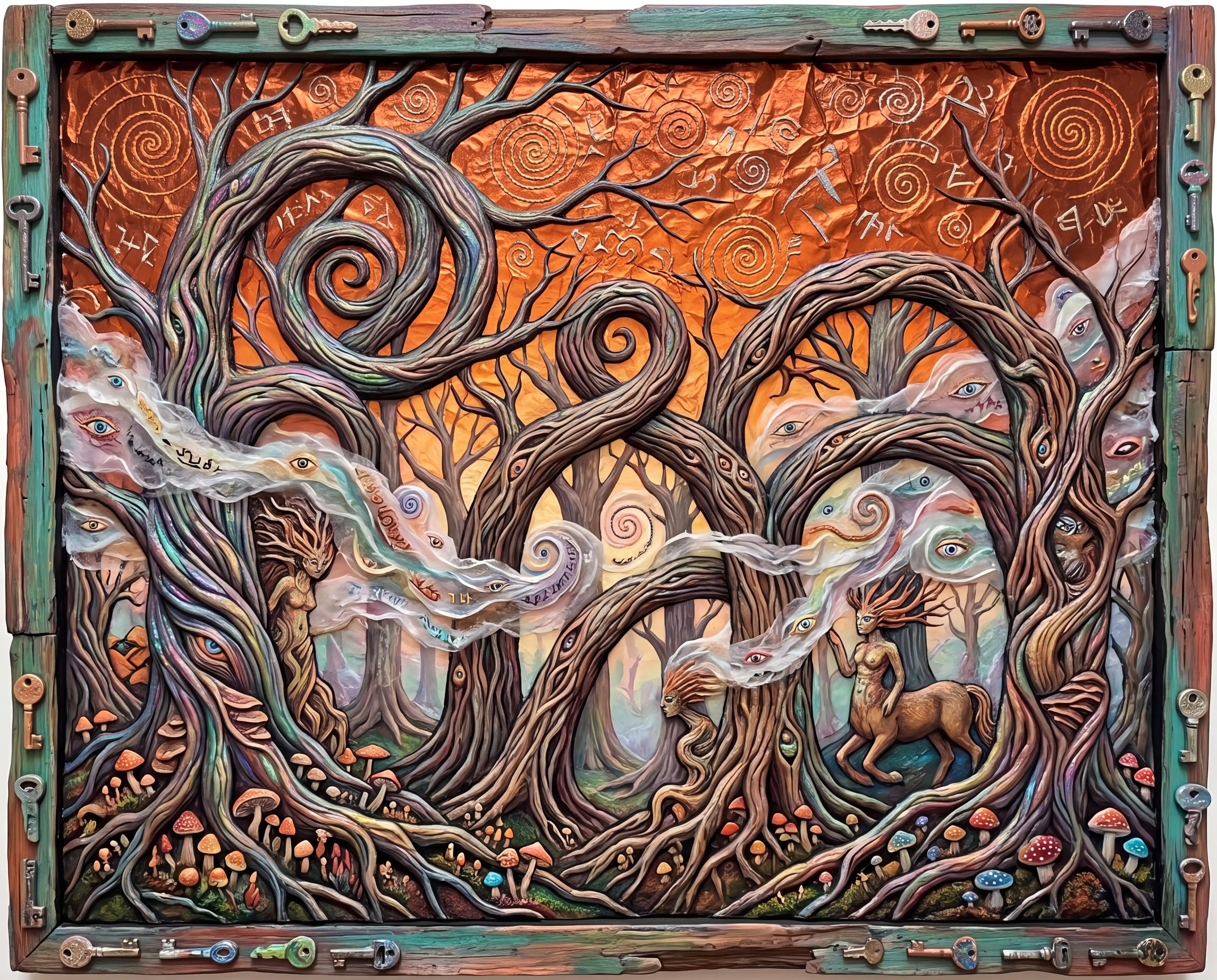 Uma floresta ancestral surreal que se contorce sob um céu laranja incandescente