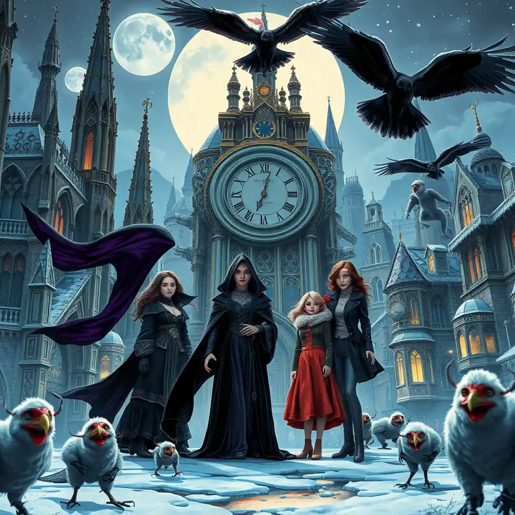 A dark sorceress beneath crooked spires in a gothic cityscape