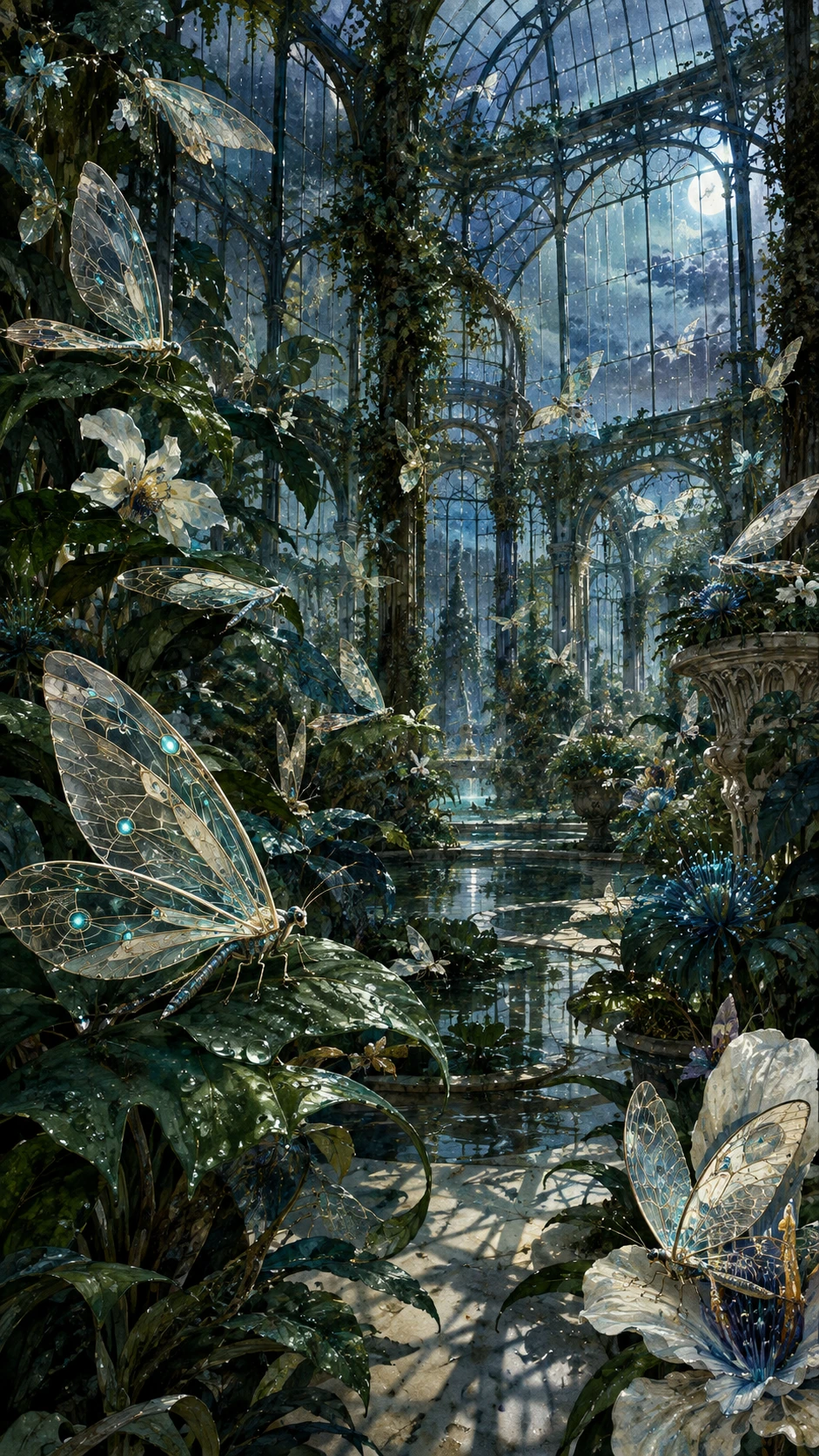 Glass-winged creatures rest among exotic plants in a moonlit conservatory