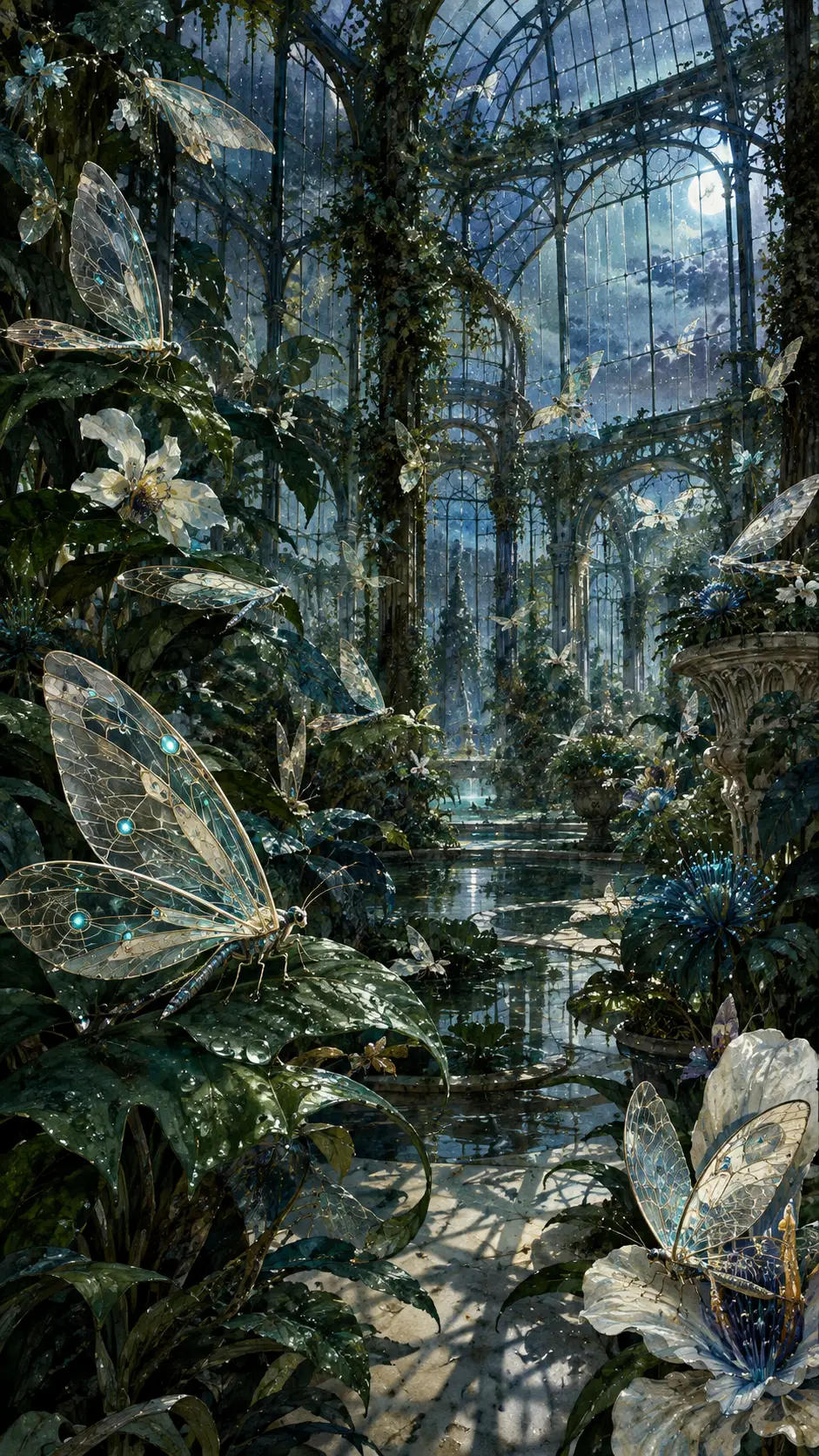 Glass-winged creatures rest among exotic plants in a moonlit conservatory