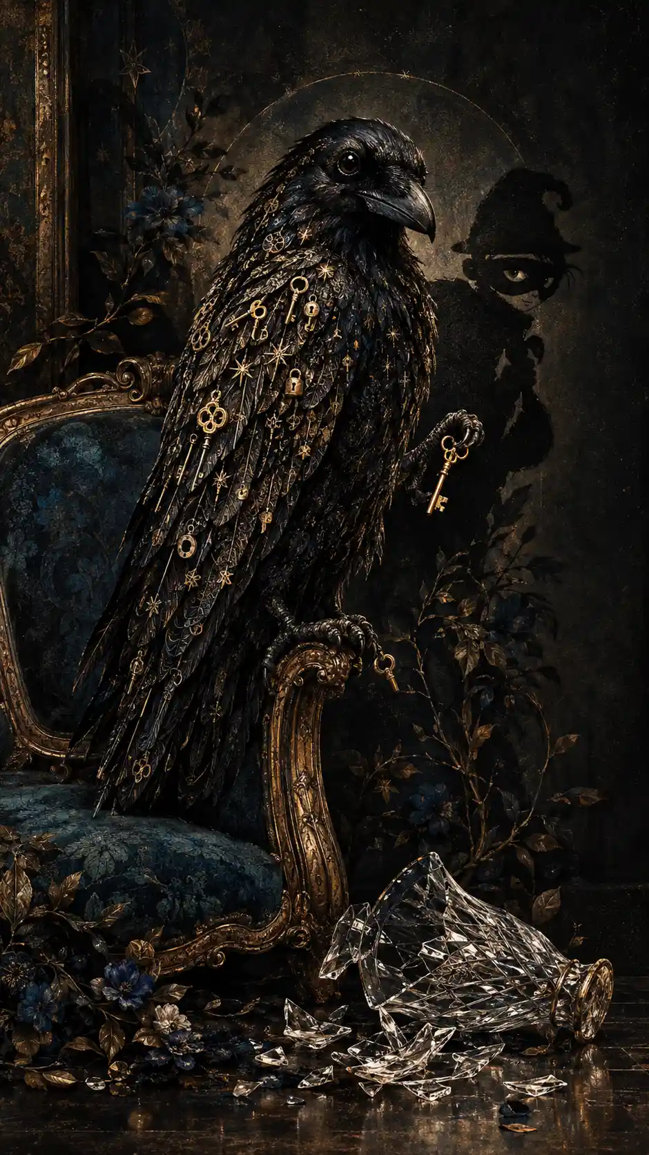 Um corvo pousado numa cadeira antiga ao lado de um vaso estilhaçado