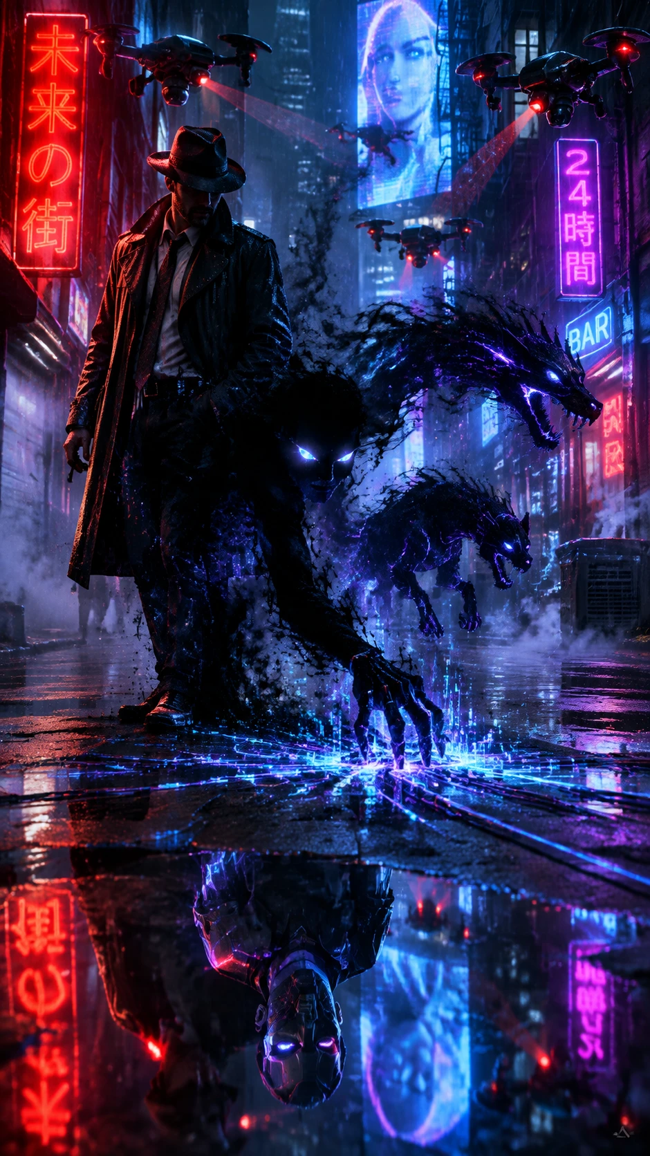 Um detetive está sob letreiros de néon numa viela cyberpunk encharcada pela chuva