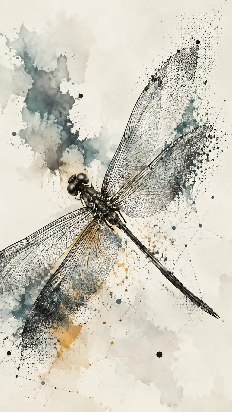 Une libellule géante plane en diagonale parmi des gestes d'encre et d'aquarelle