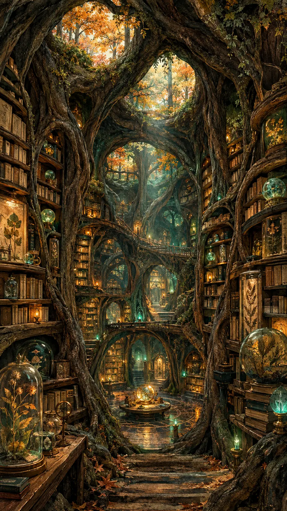 An underground library hidden beneath ancient tree roots