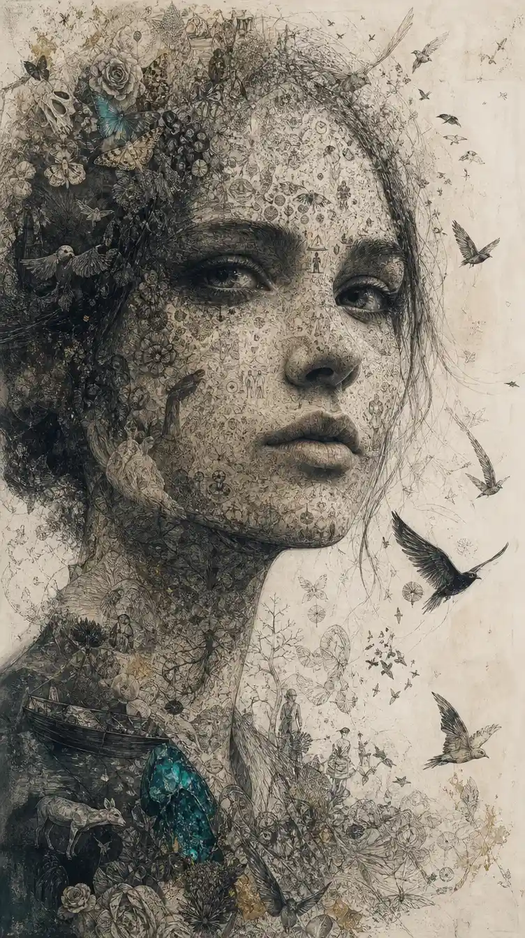 A Mixed Media Illustration Shapes Shadows with Tiny Recognizable Symbols