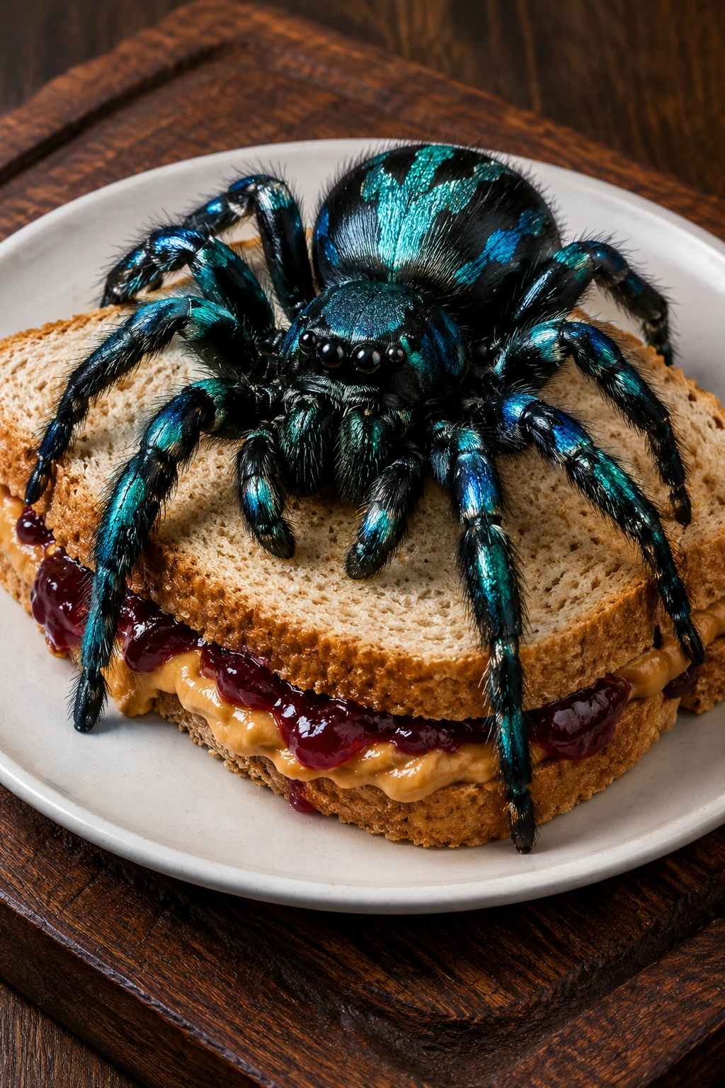Un ragno metallico su un panino con burro di arachidi e gelatina d'uva