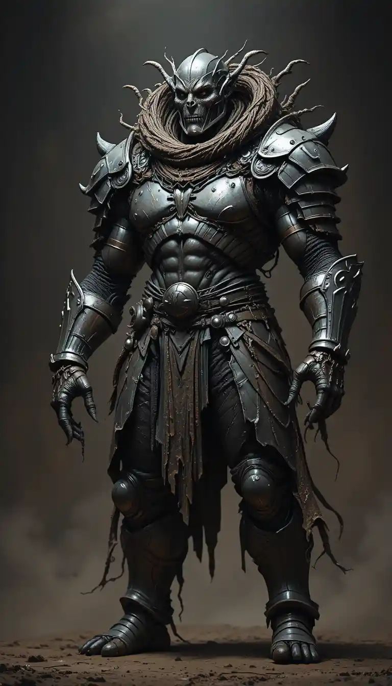 Uma criatura humanoide colossal com armadura medieval desgastada e pele