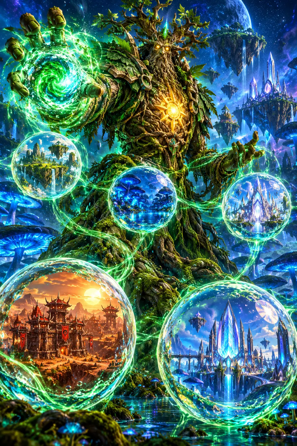 Um druida gigante arbóreo lança magia sob um céu noturno cósmico