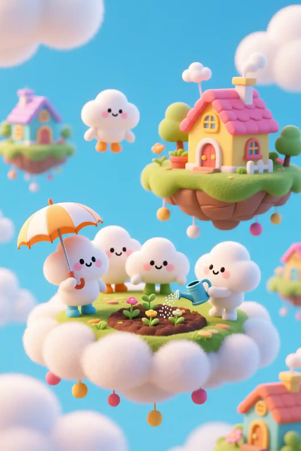 Tiny cloud characters bring playful life to a floating village
