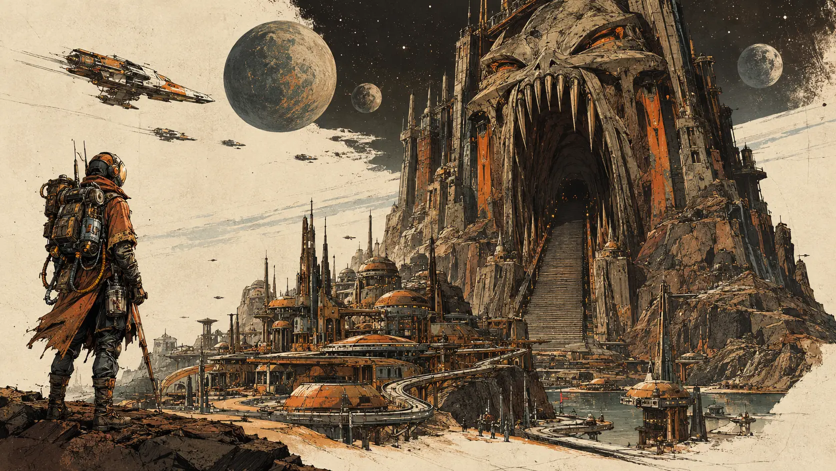 Um templo colossal com uma bocarra escancarada e cheia de dentes num planeta alienígena