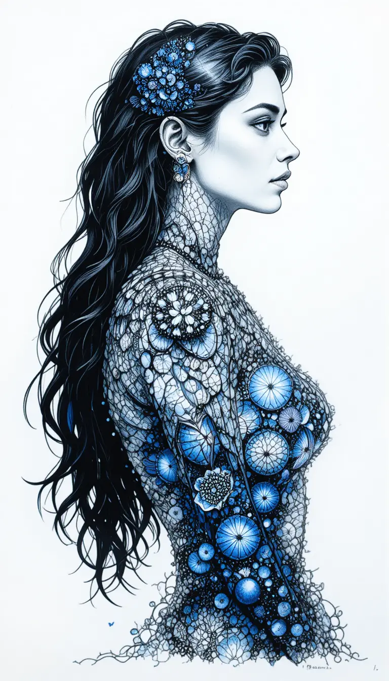 Aquatic fantasy character in profile with flowing hair and finlike ears