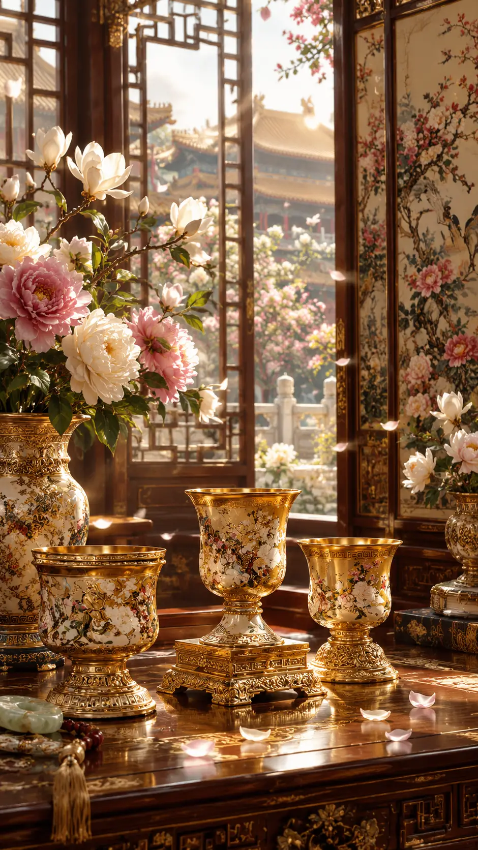 Taças de porcelana dourada com intrincados motivos chineses em uma natureza-morta