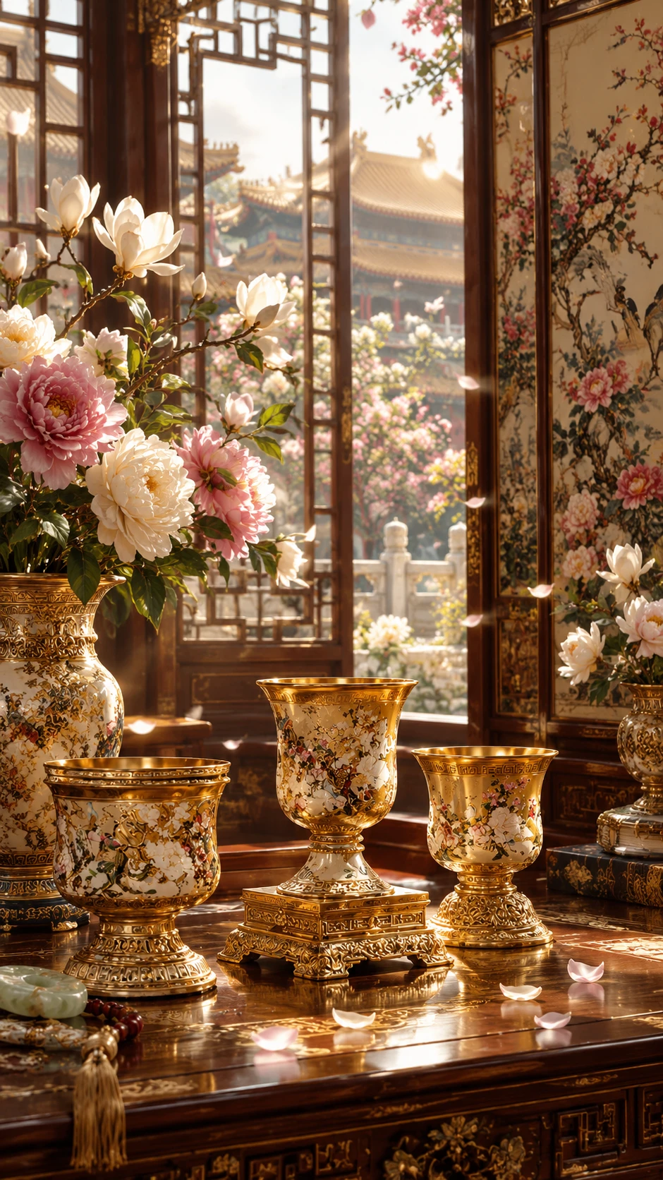 Taças de porcelana dourada com intrincados motivos chineses em uma natureza-morta