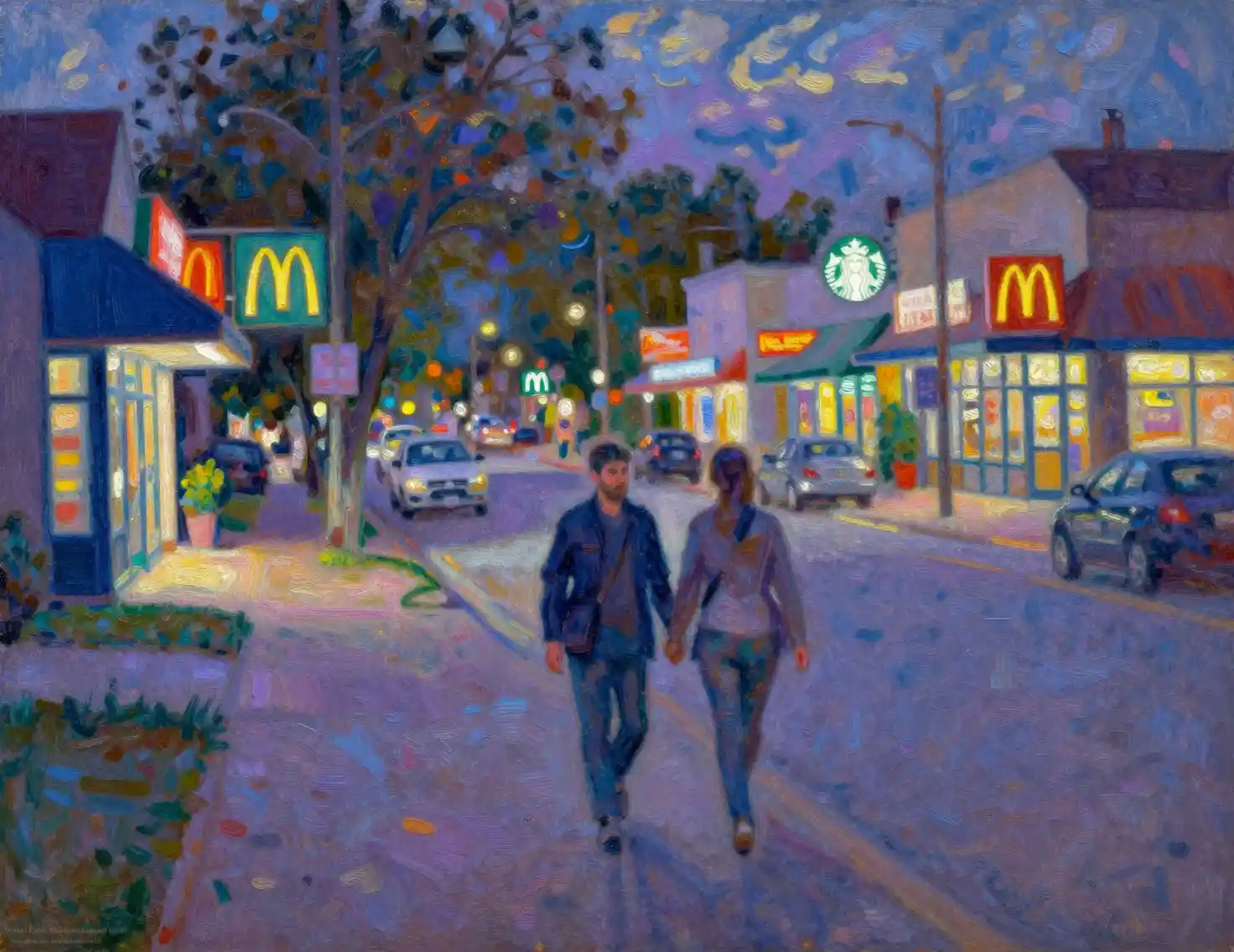 Two figures walk hand in hand along a suburban street at night