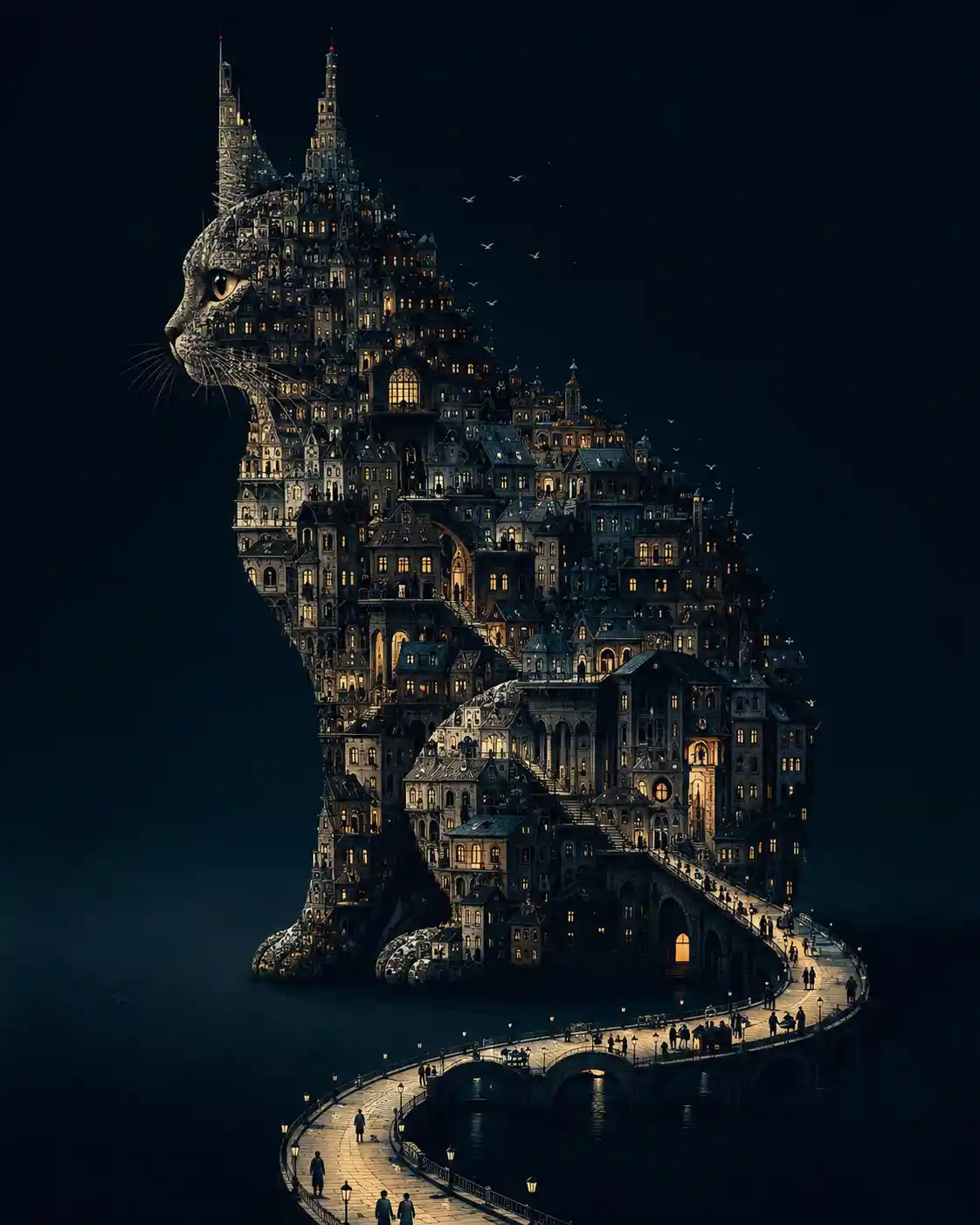 La silhouette d’un chat de profil abrite une ville miniature
