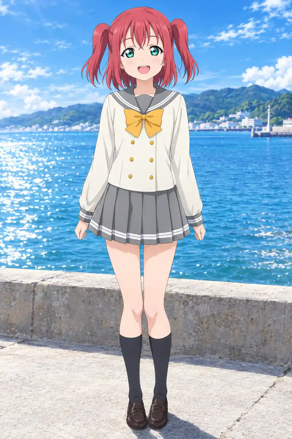 Ruby Kurosawa sorri à beira-mar com o uniforme escolar de Uranohoshi