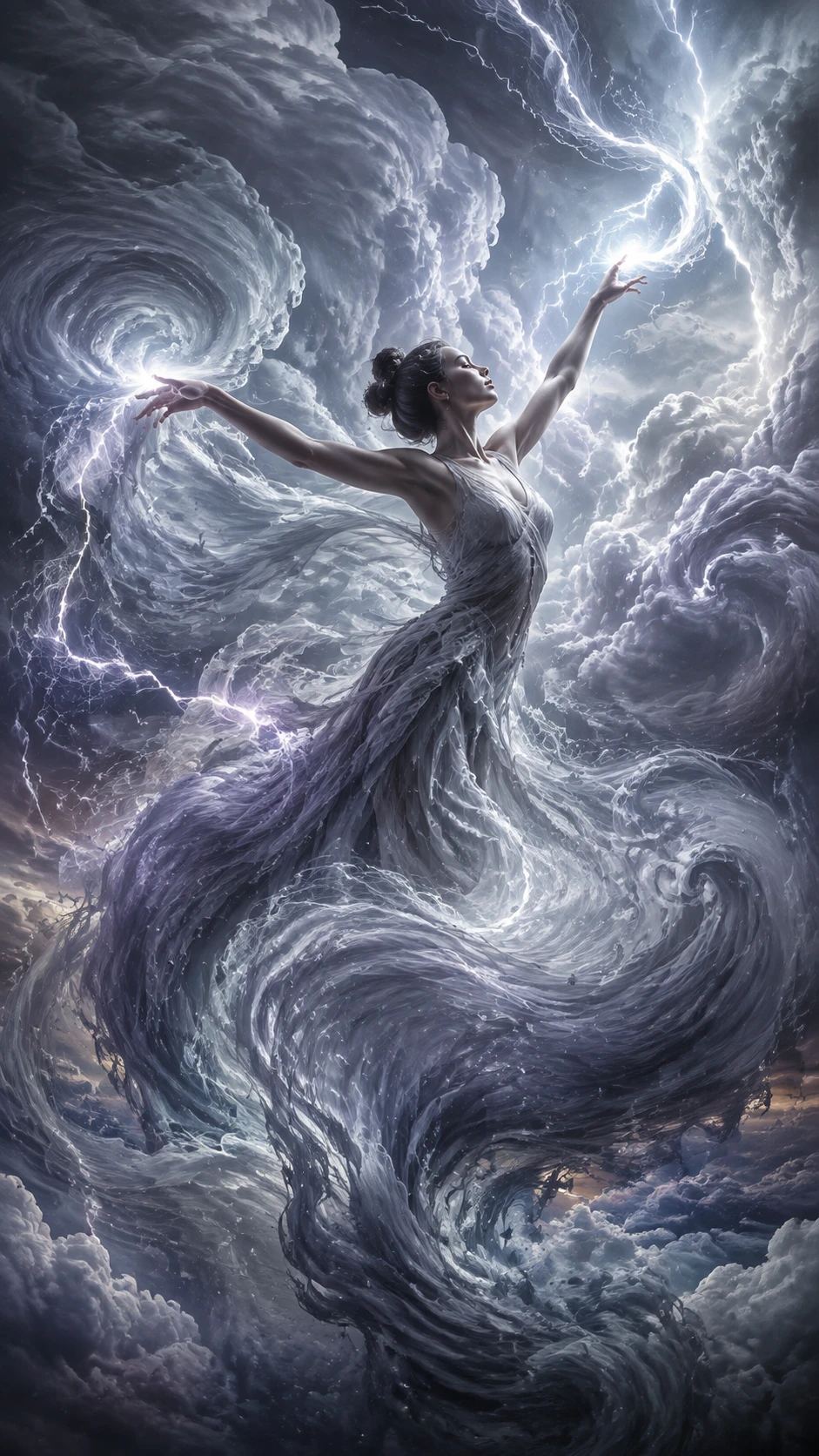 Uma dançarina conduz relâmpagos em meio a uma vasta nuvem de tempestade em espiral