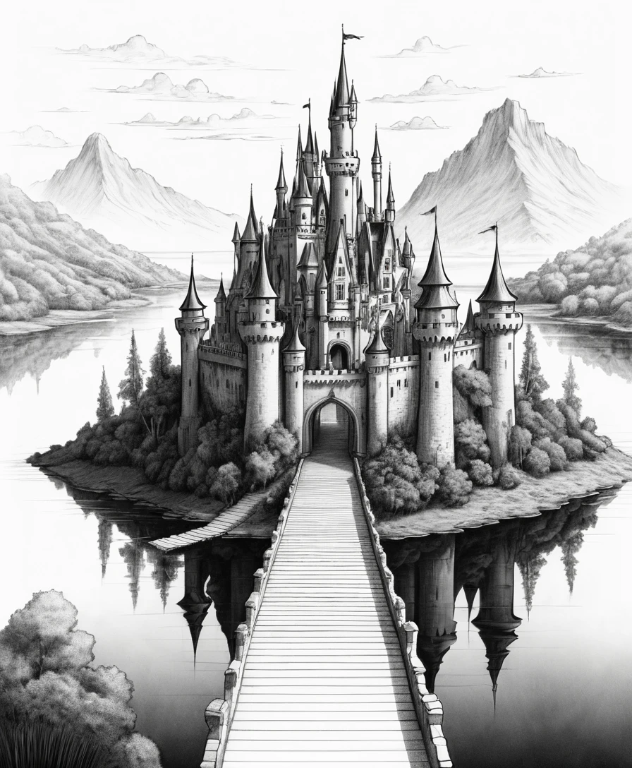 Un château de conte de fées émerge d’un lac, au-delà d’une chaussée rectiligne