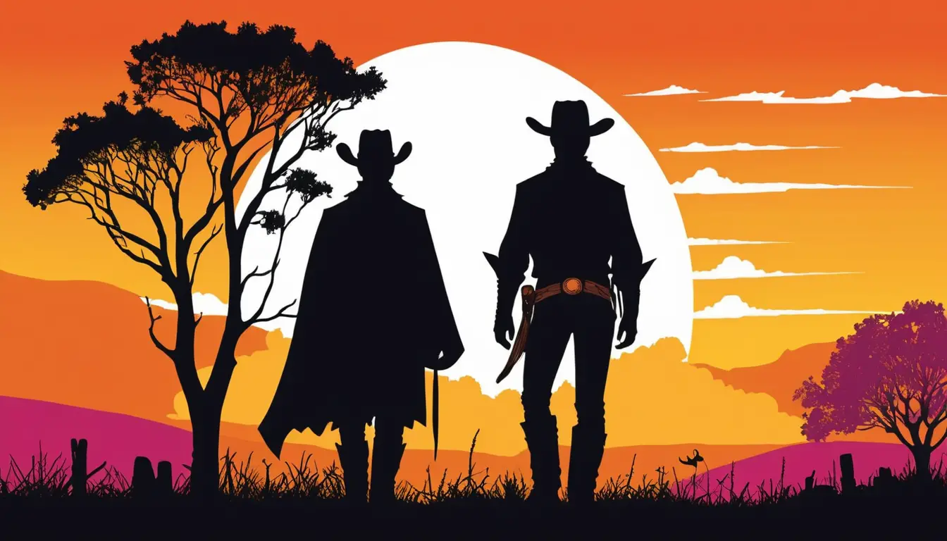 A lone cowboy stands beside a gnarled tree at sunset
