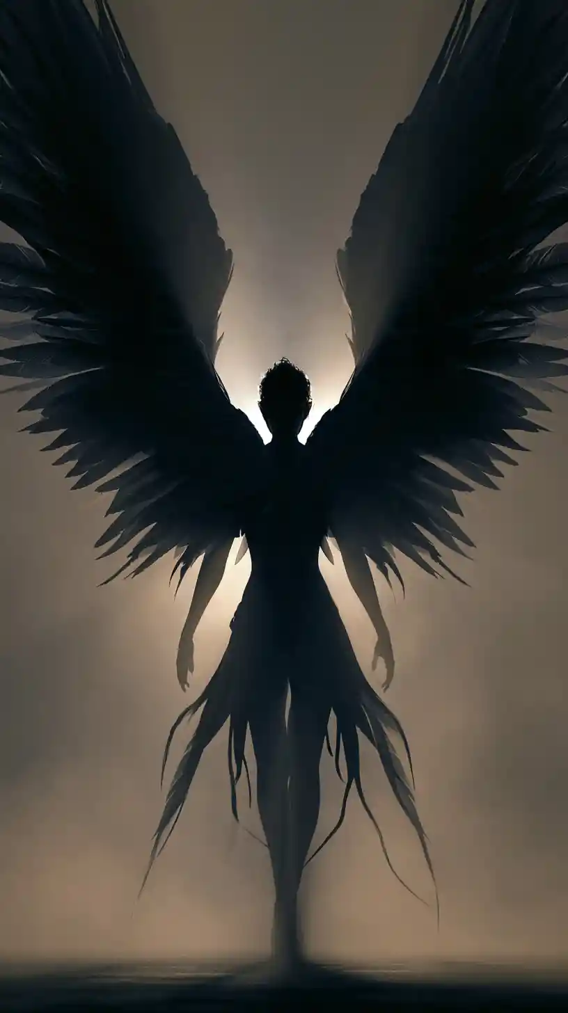 Um anjo sombrio com asas enormes visto de costas