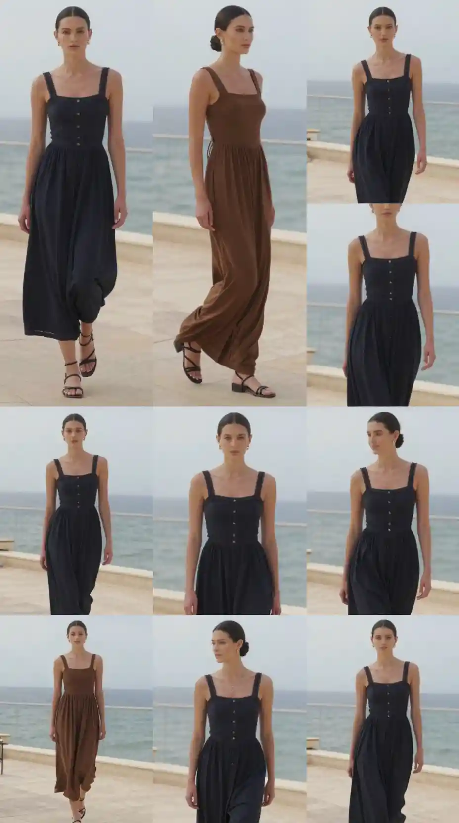 Adult fashion model presents a resort outfit in a coastal setting