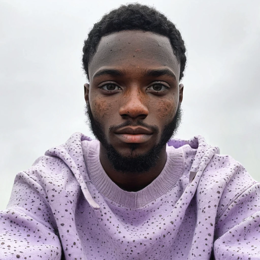 Um jovem sardento com cabelo lilás raspado e barba