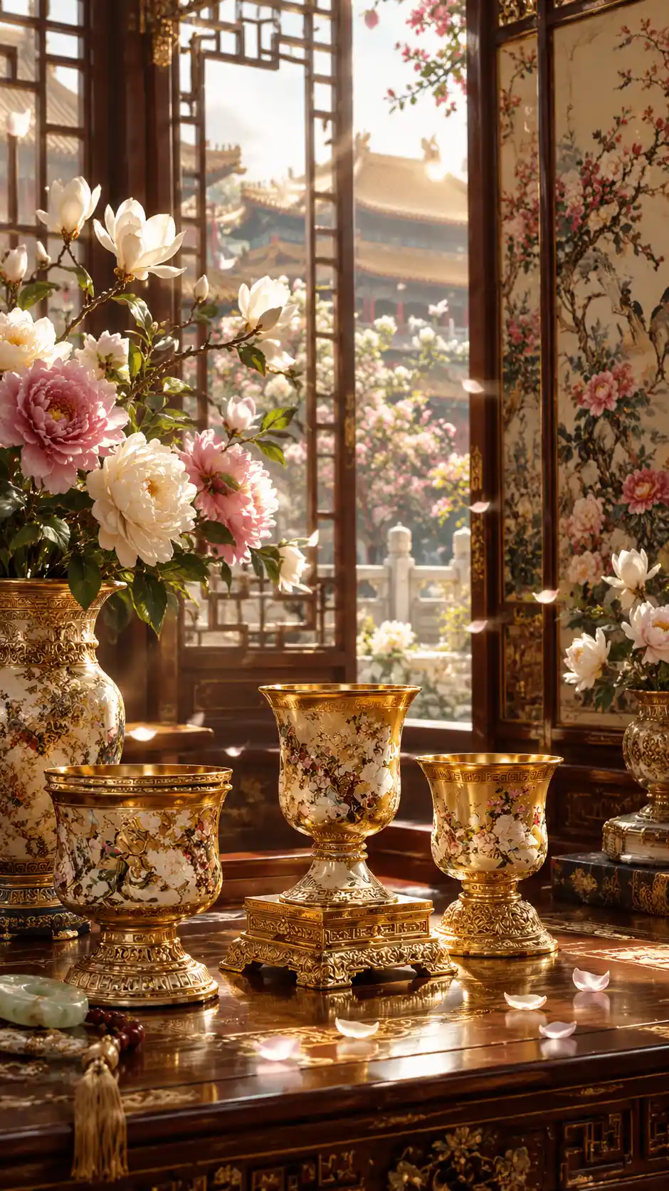 Taças de porcelana dourada com intrincados motivos chineses em uma natureza-morta