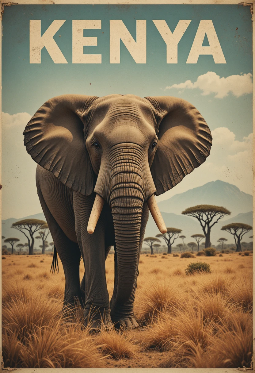 Um elefante em primeiro plano é o destaque de um cartaz vintage de viagem ao Quénia
