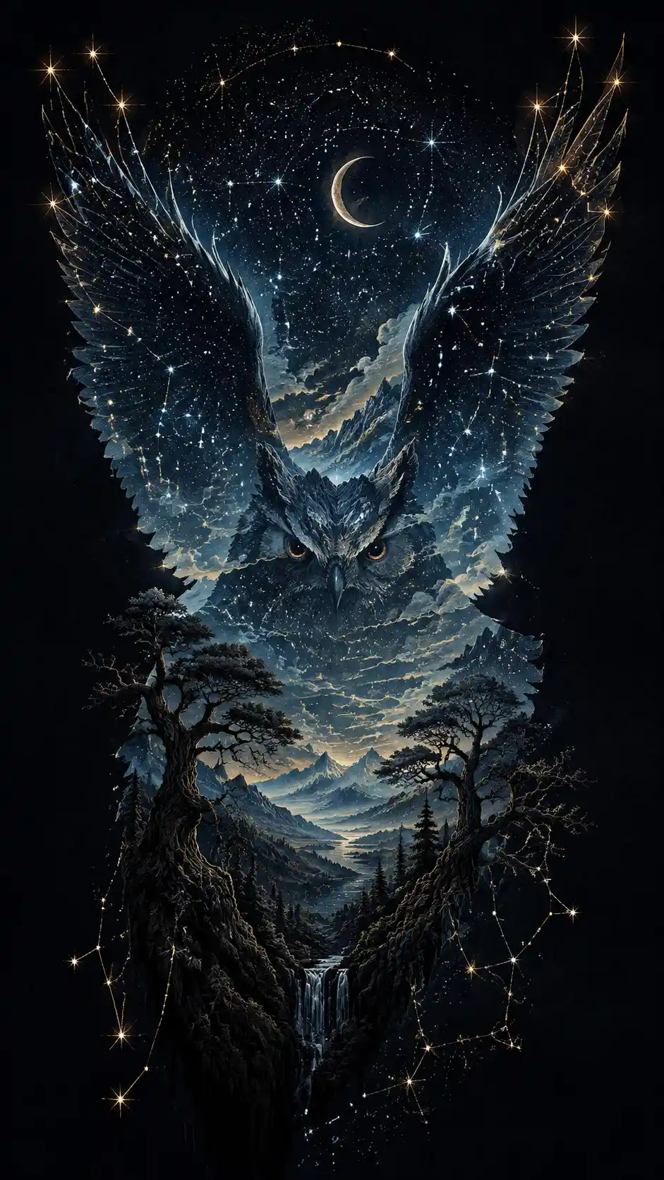Eine majestätische Eulensilhouette rahmt eine mondbeschienene Berglandschaft ein
