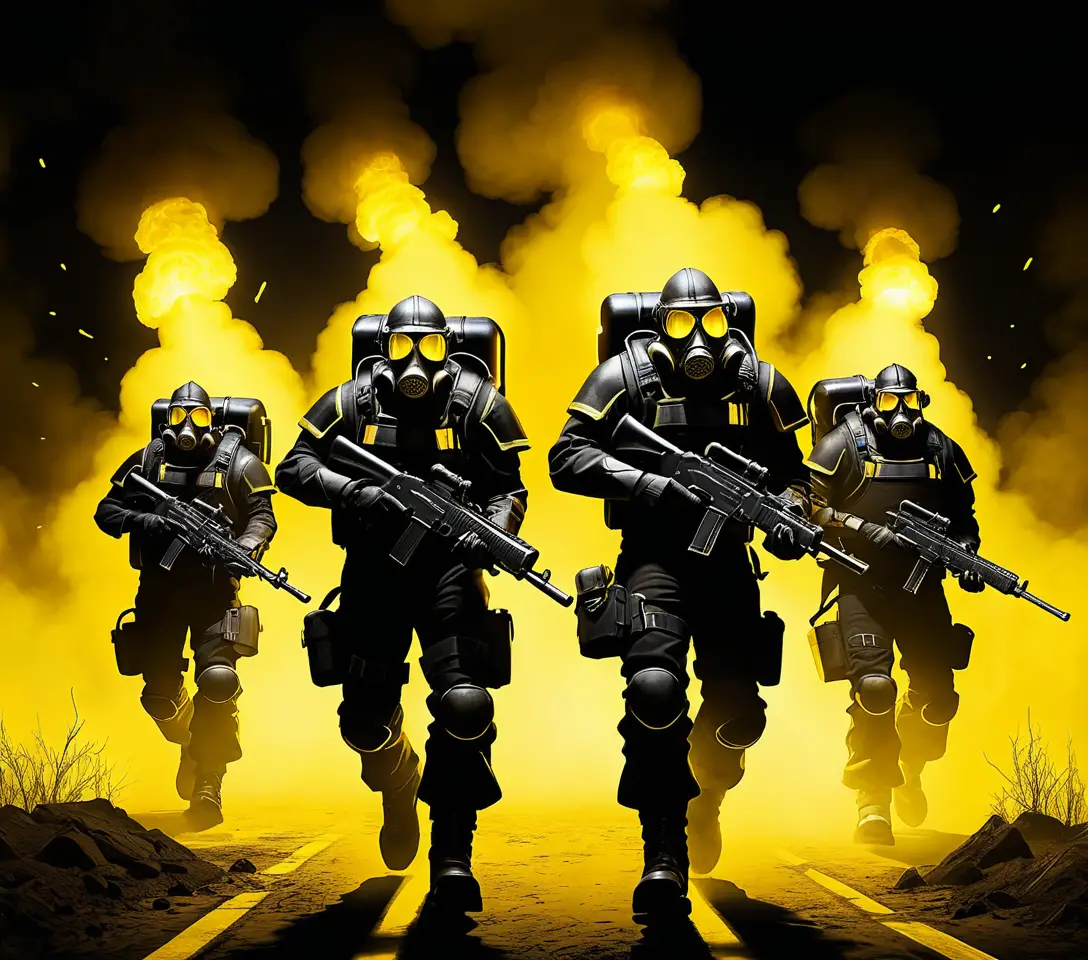 A Cartoon Squad of Masked Soldiers Carries Flamethrowers Through Yellow Fog