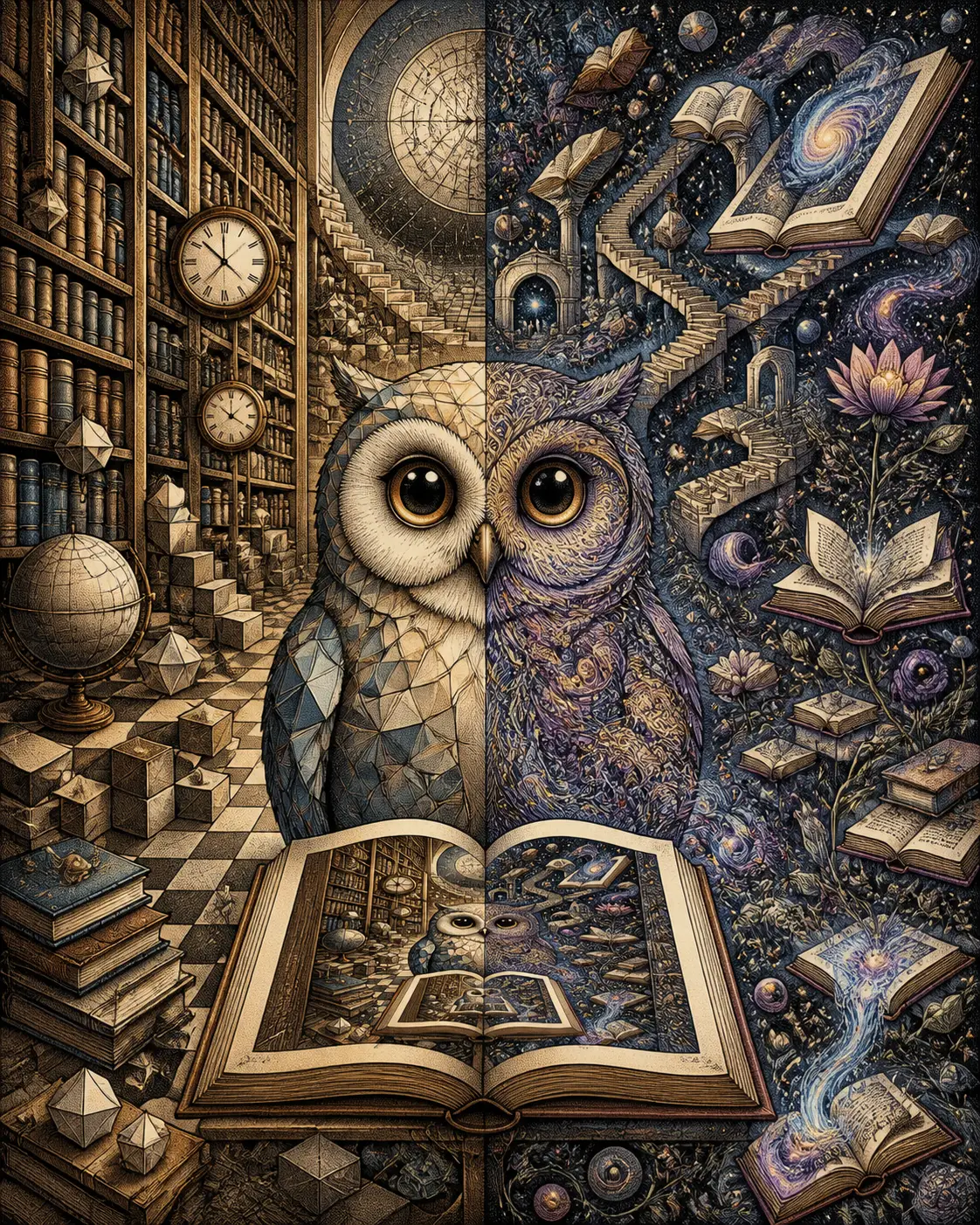 An owl sits between order and magic in a fantastical library