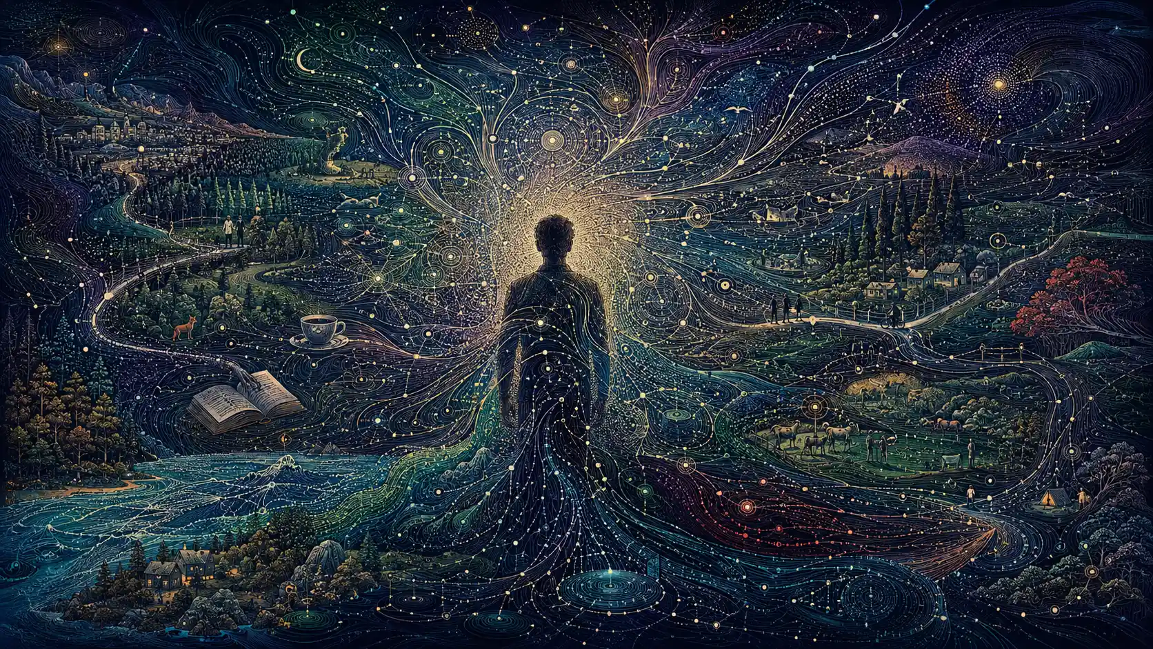 流動圖樣交織出超現實景觀，映現一道人形站立剪影